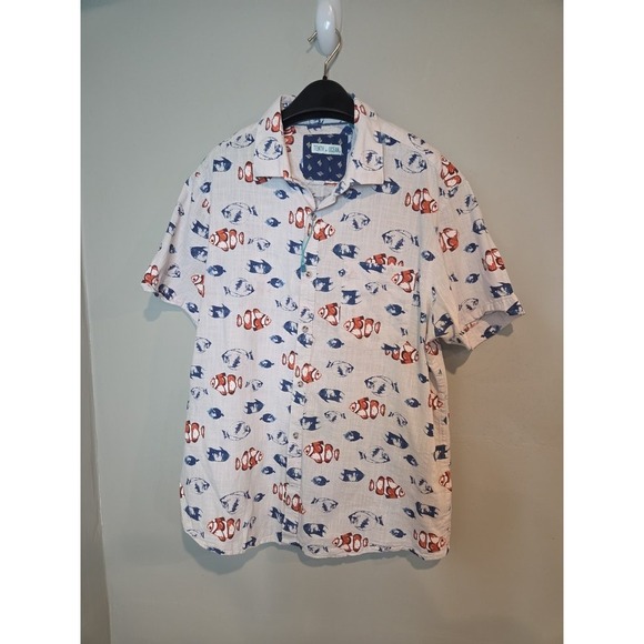 Tenth + Ocean Other - Tenth + Ocean Fish Print Button Down Shirt Mens‎ Large White Cotton Clownfish SS